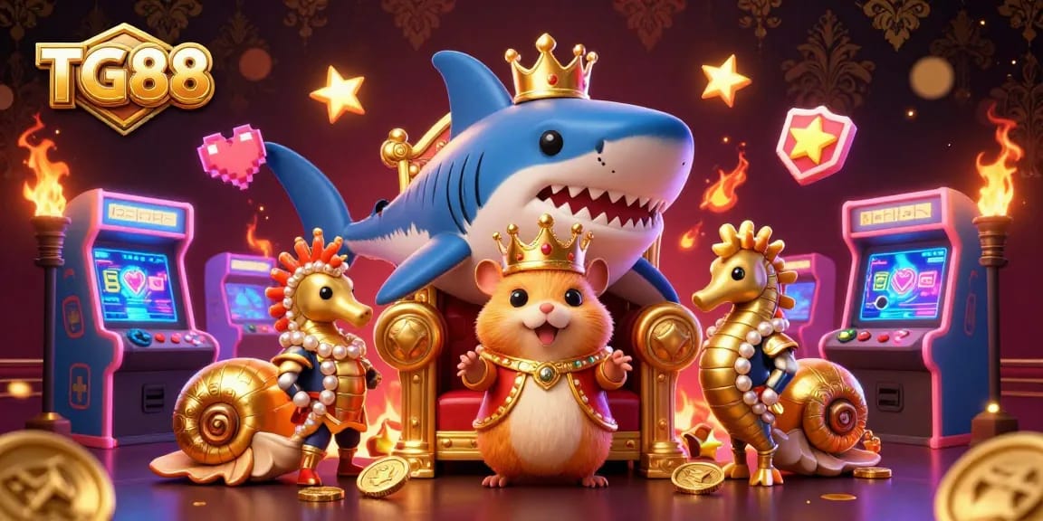 Experience fun and excitement with TG88's dynamic casino scene featuring a golden hamster king and vibrant game elements.
