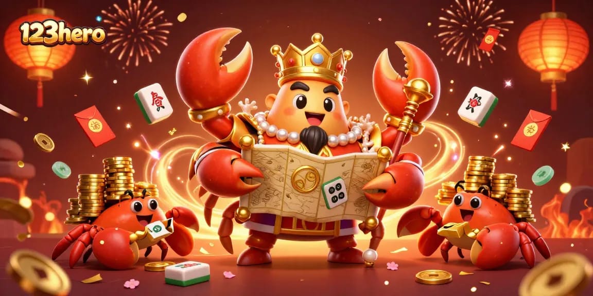 Experience thrilling wins at 123hero with golden crab emperor amidst vibrant casino celebration.