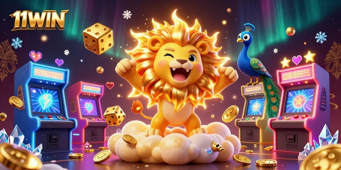 Engage with 11WIN in an exhilarating 3D casino world featuring a roaring sun lion and vibrant game elements.