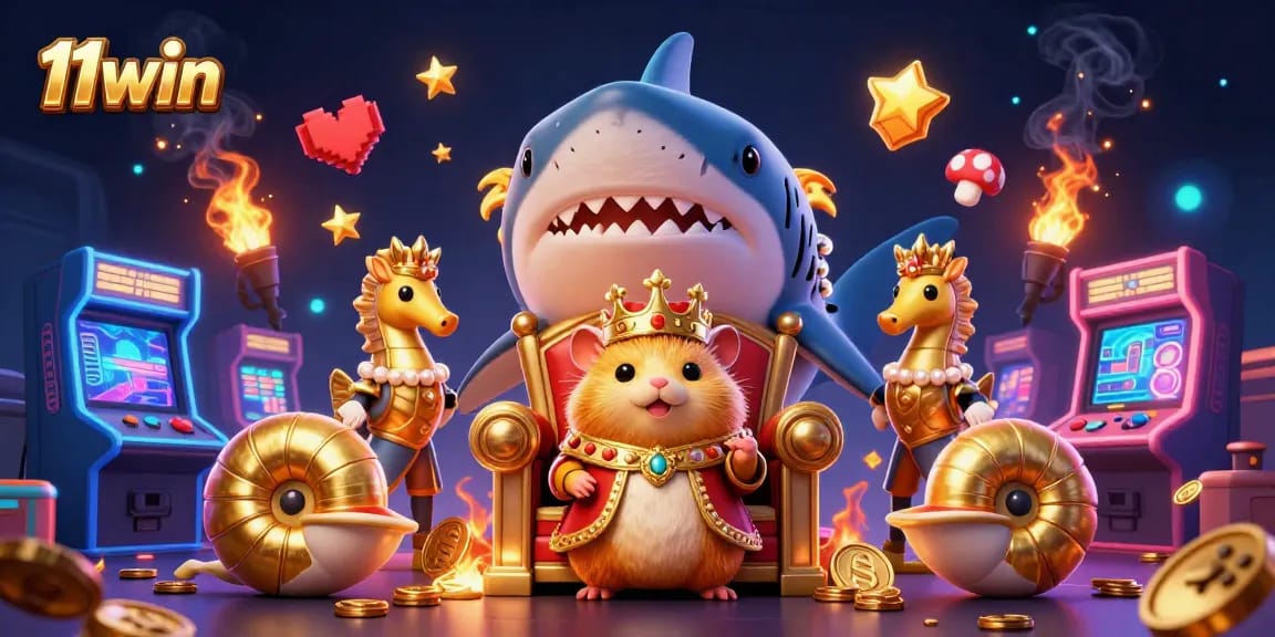 Experience the 11win casino adventure with our golden hamster king amidst vibrant gaming excitement.