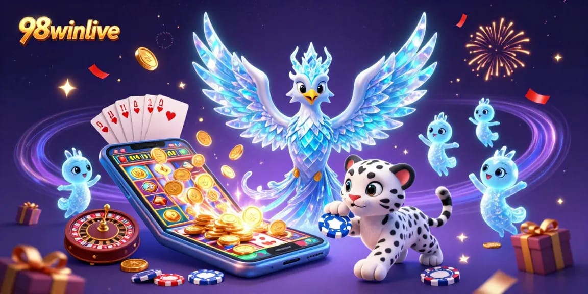 Experience thrilling gameplay at 98winlive with a vibrant casino scene featuring a playful snow leopard cub.