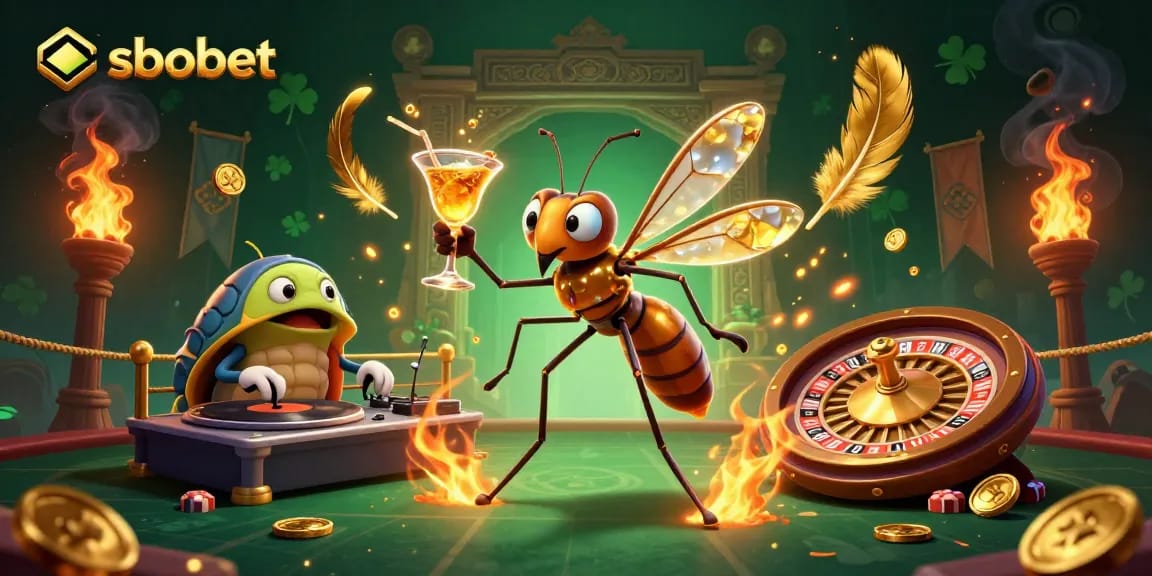 Experience sbobet in a vibrant 3D casino scene featuring golden roulette and animated characters.