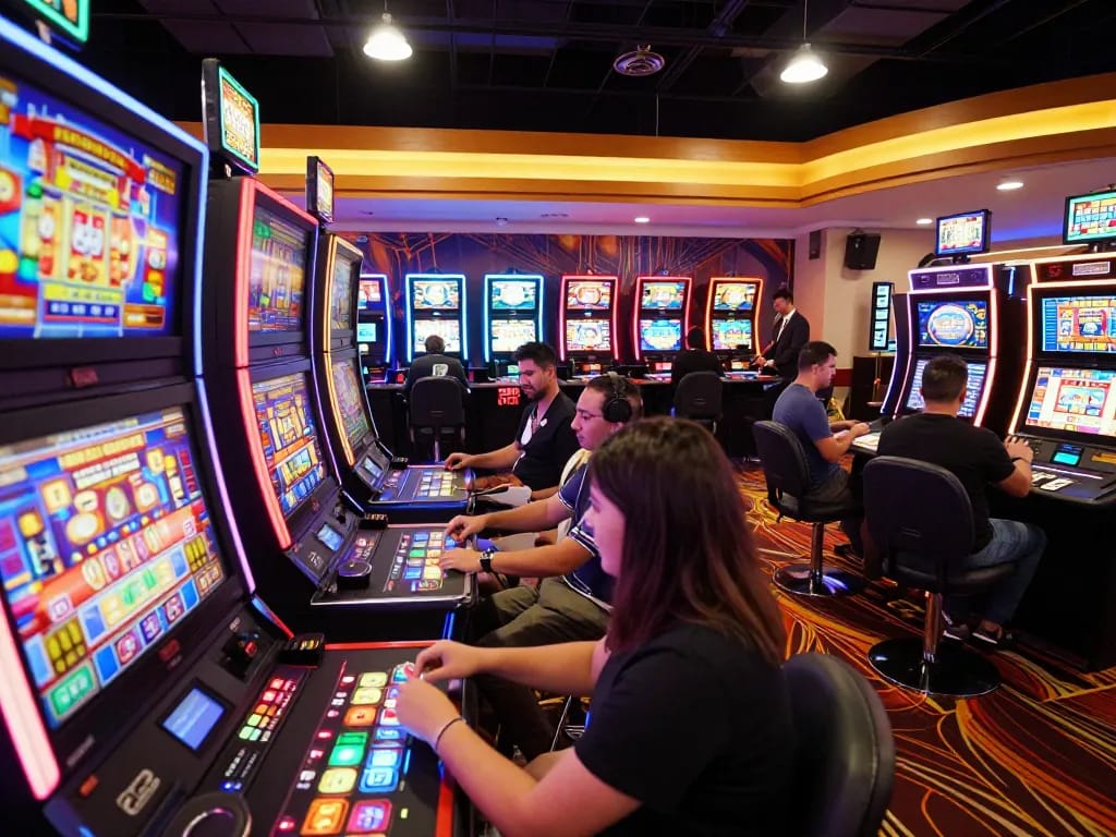Players enjoying slot machines at LC88 casino, experiencing vibrant gaming atmosphere