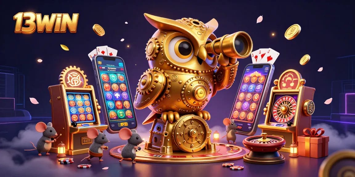 Experience 13WIN's vibrant gaming world with golden owls and playful mice enriching the casino scene.