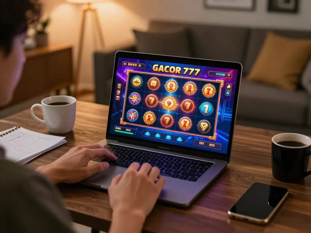 Playing slot gacor 777 on a laptop, showcasing a vibrant online gaming setup with engaging slot interface