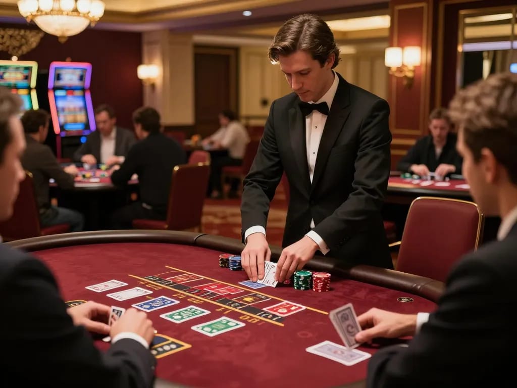 Engaged players at 678vip's blackjack table, enjoying a luxe casino atmosphere.