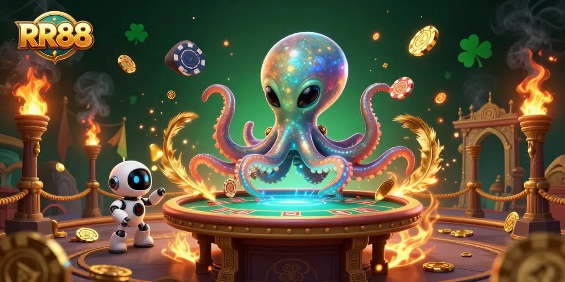 Engage in strategic betting with RR88's vibrant alien-themed poker showdown featuring exciting game elements.