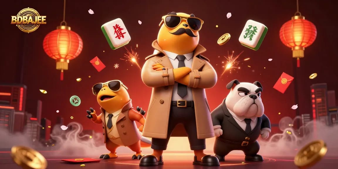 BDBAJEE showcases a humorous 3D scene with raptors attempting entry into a casino, illustrating playful gambling excitement.