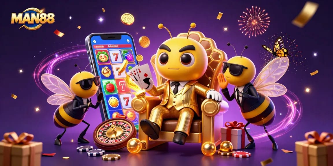 Experience the exciting world of MAN88 with a vibrant casino-themed illustration showcasing slot games and rich visuals.