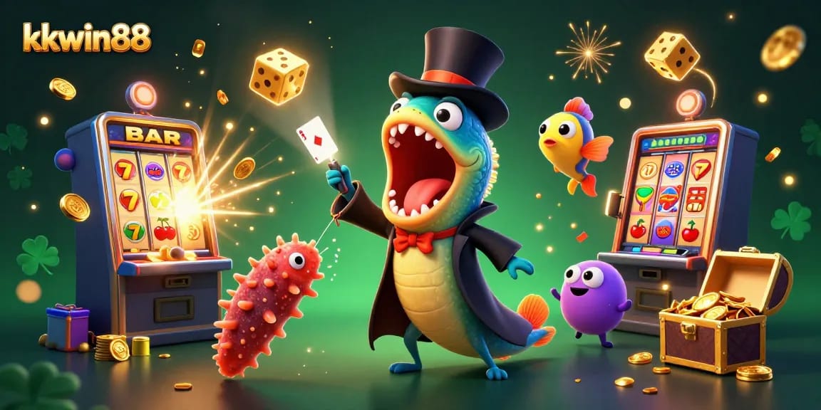Experience the excitement of kkwin88 with a vibrant 3D casino scene featuring magical sea creatures and slot machines.
