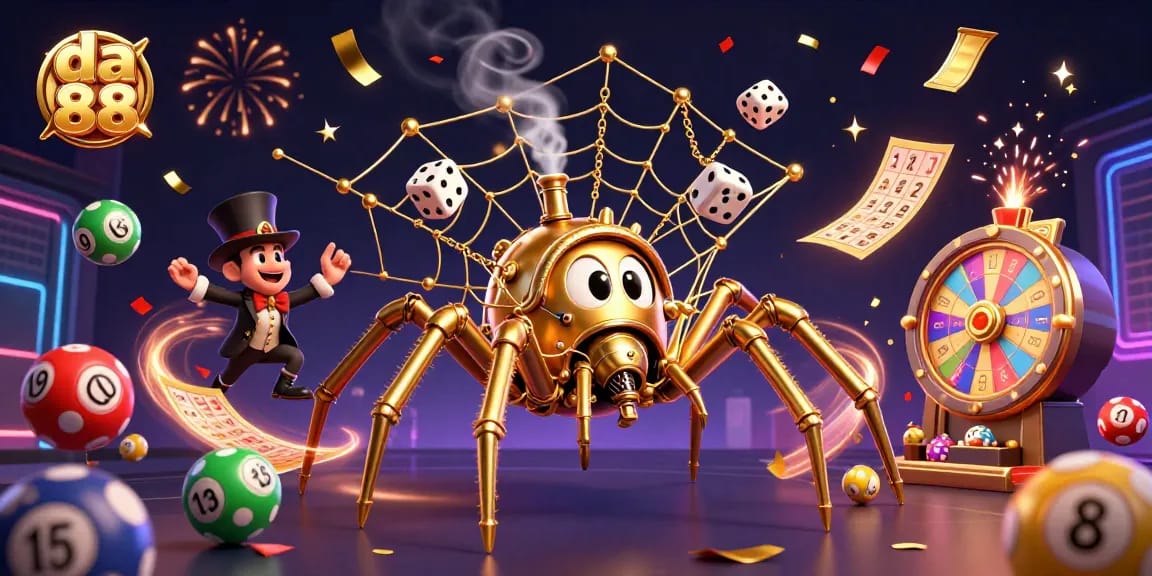 Experience the thrill of da 88 with vibrant lottery balls and a whimsical spider in a dynamic casino scene.
