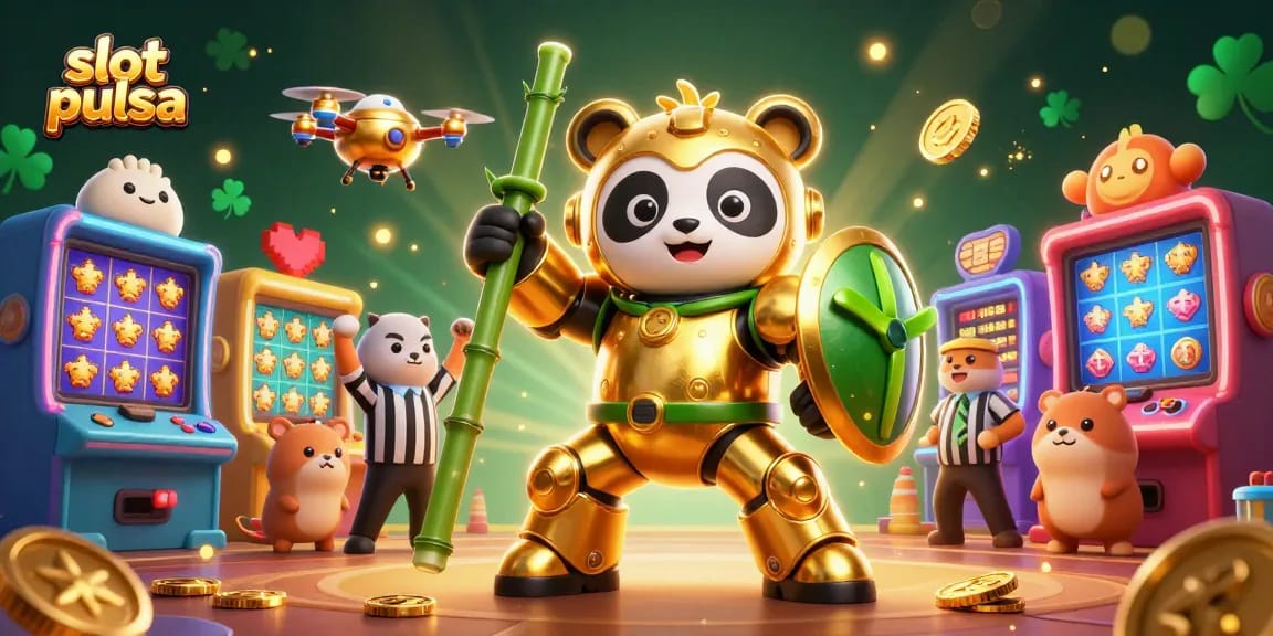 Experience thrilling slot pulsa gameplay with a dynamic 3D illustration of a golden panda piloting a robot!