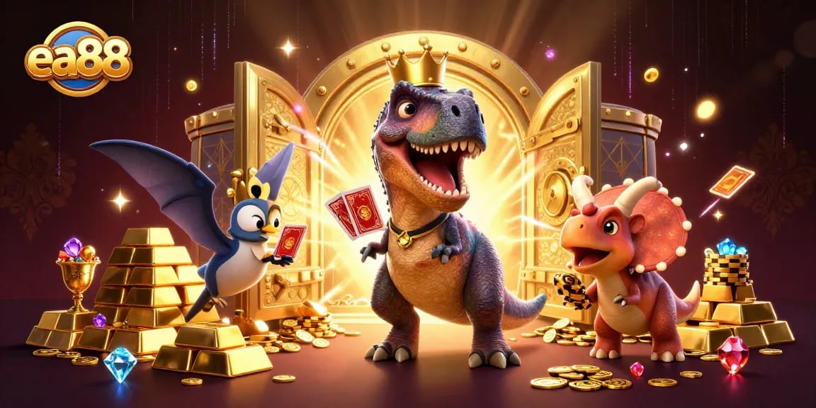 Interact with exciting gaming moments at ea88 with T-Rex and friends amid dazzling treasures and cards.