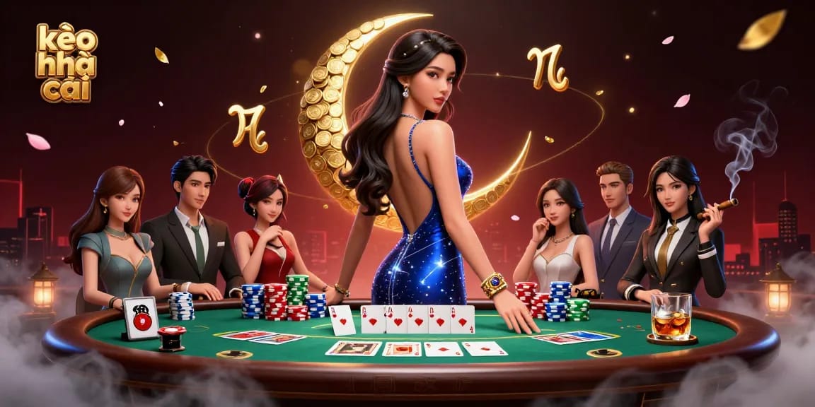 Bet on kèo nhà cái with a stunning view of a vibrant poker scene and an elegant Asian woman.