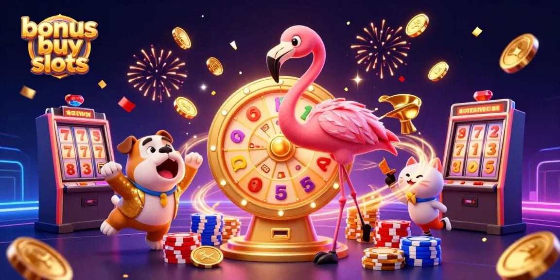 Experience thrilling action with bonus buy slots featuring a flamingo host, bulldog contestant, and vibrant casino elements.