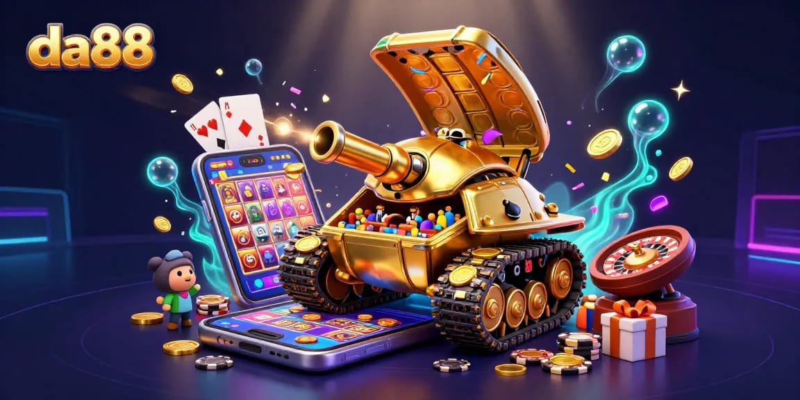 Experience thrilling da88 casino adventures with a massive golden beetle tank and vibrant gaming elements.