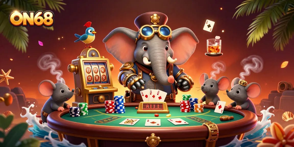 Experience ON68's vibrant casino atmosphere with steampunk elements and dynamic gaming action.