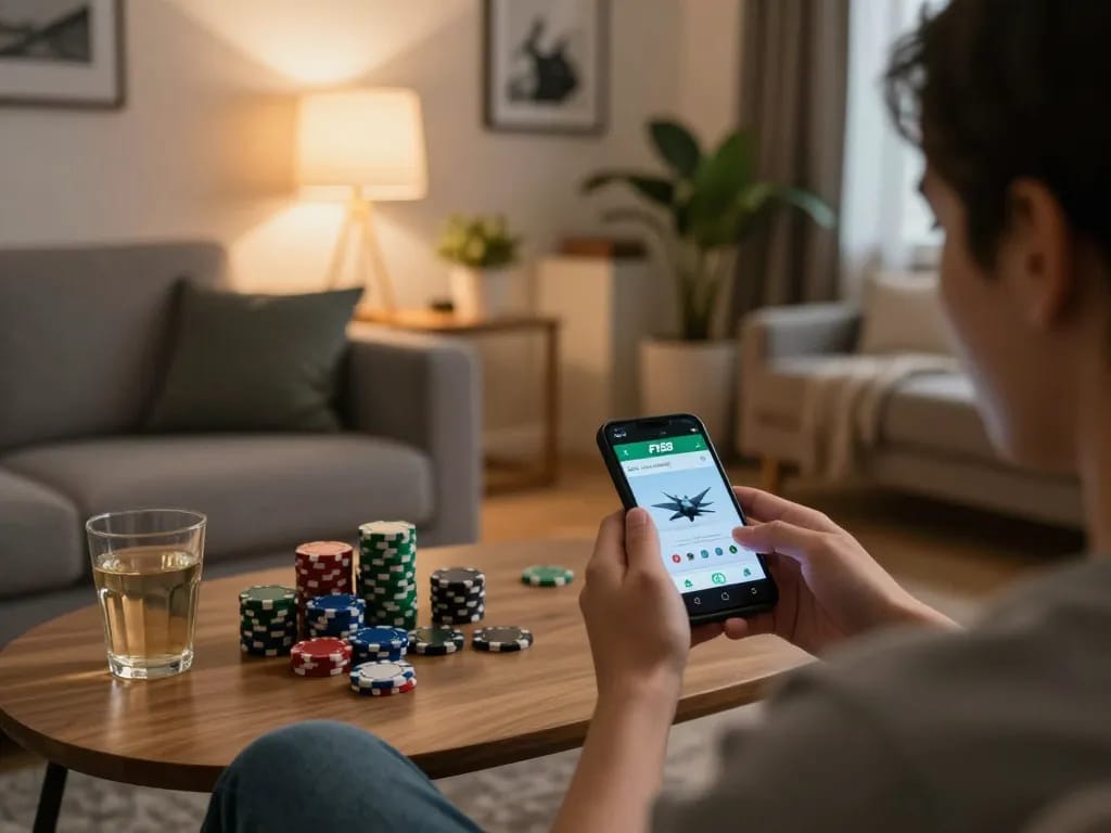 Person engaging with the F168 betting app on a smartphone in a cozy home setting