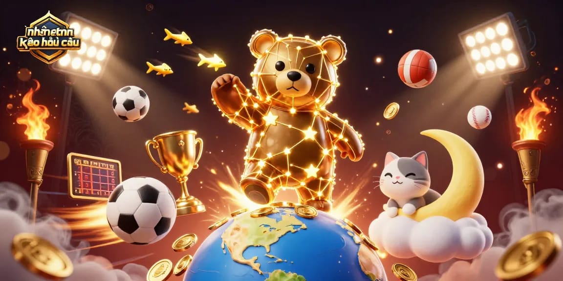 Engage in nhận định kèo nhà cái with a vibrant illustration of a constellation bear scooping coins amidst dynamic sports elements.