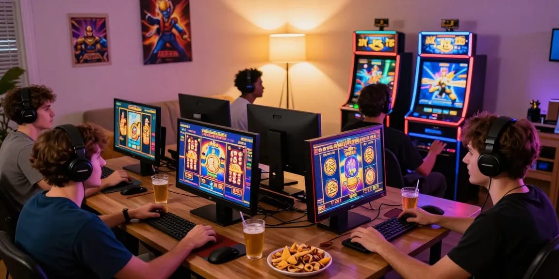 Engaging เว็บพนัน gaming experience with diverse players enjoying slot games in a cozy living room.