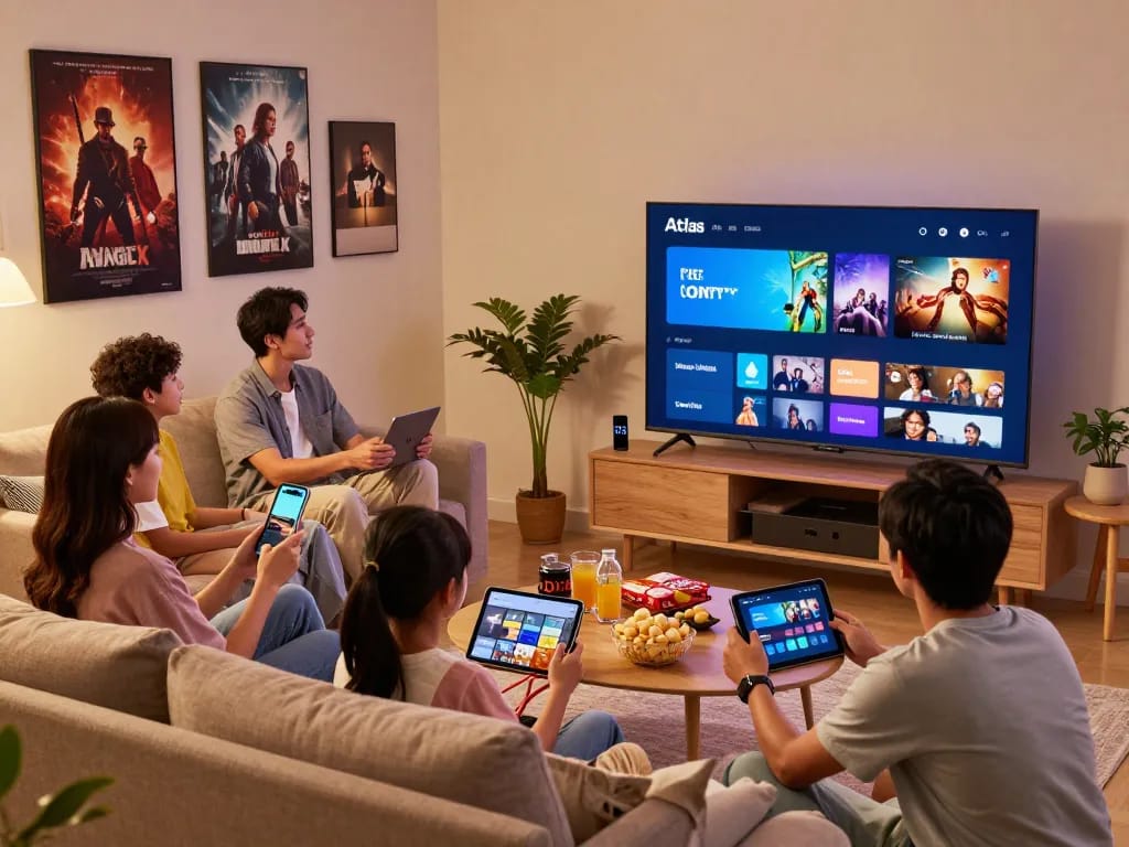 Profiter d'Atlas Pro ONTV sur un smart TV lors d'une réunion familiale animée.