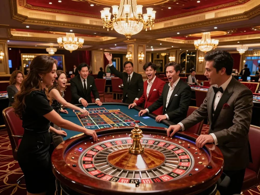 Experience the excitement at keobongda100 as players engage at a roulette table in a luxurious casino setting.