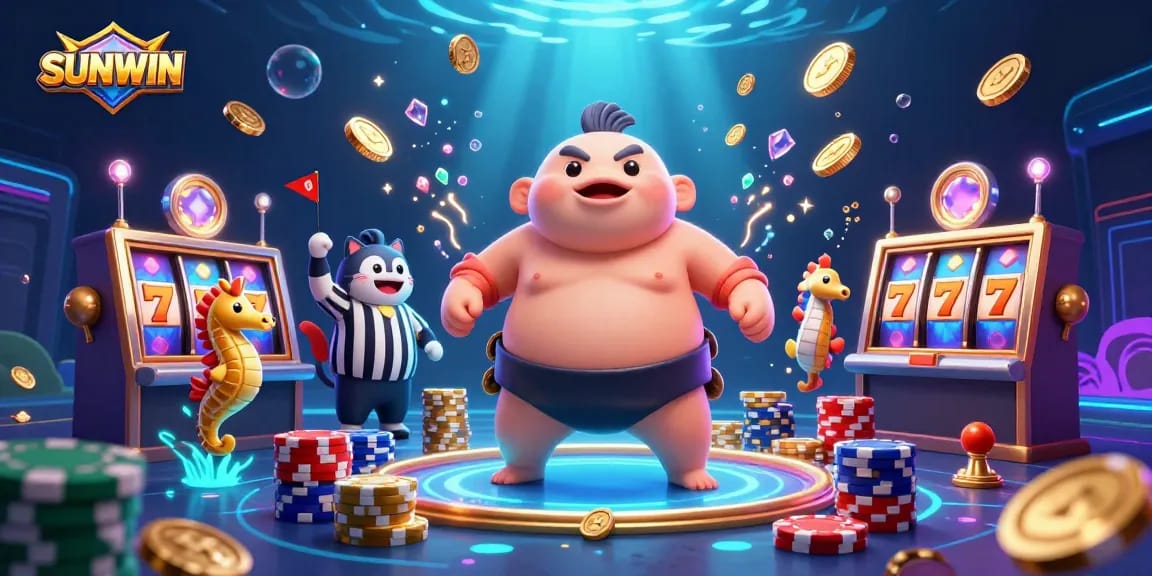 SUNWIN offers a fun gambling experience with cartoon characters in a vibrant underwater casino scene.