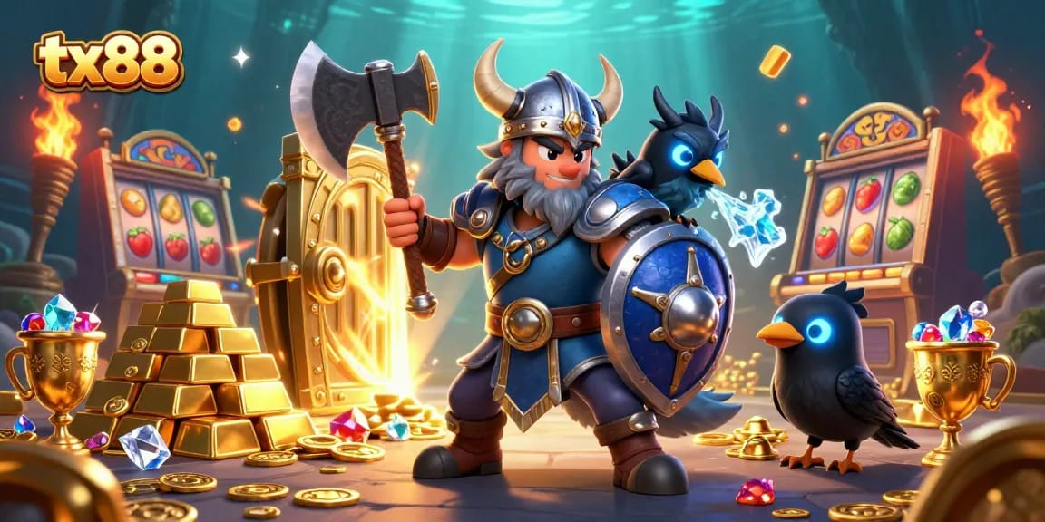 Experience the excitement of tx88 with a 3D illustration of a Viking wolf warrior, dragon, and treasure in a casino setting.