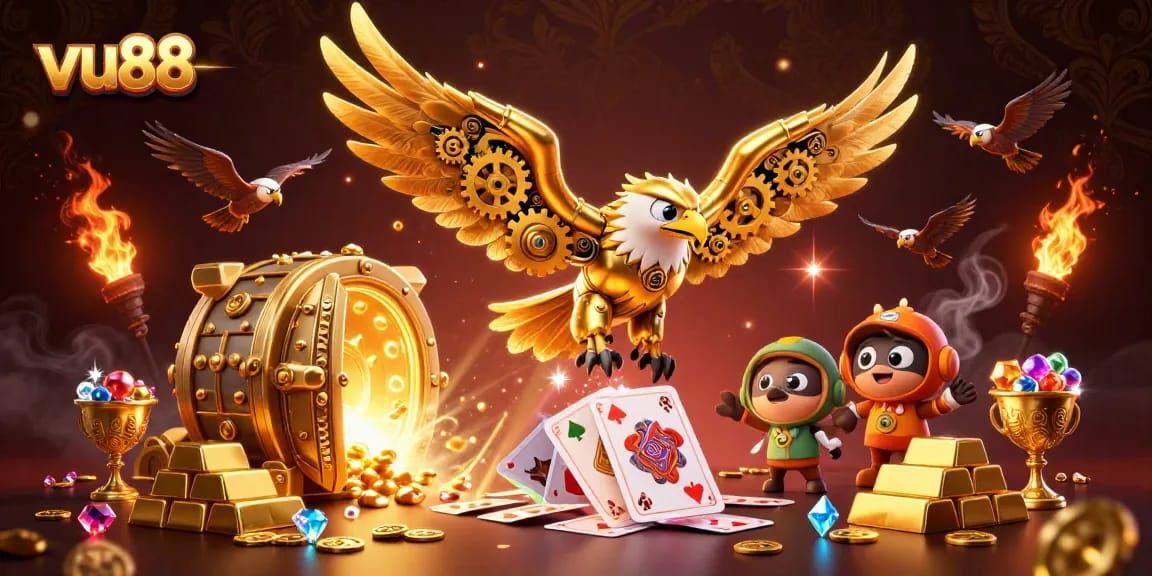 Experience dynamic gaming action with vu88 as a cybernetic eagle dives through holographic cards.