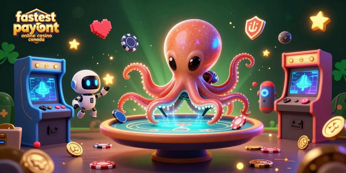 Engaging scene of the fastest payout online casino Canada featuring an alien octopus and robot at a holographic poker table.