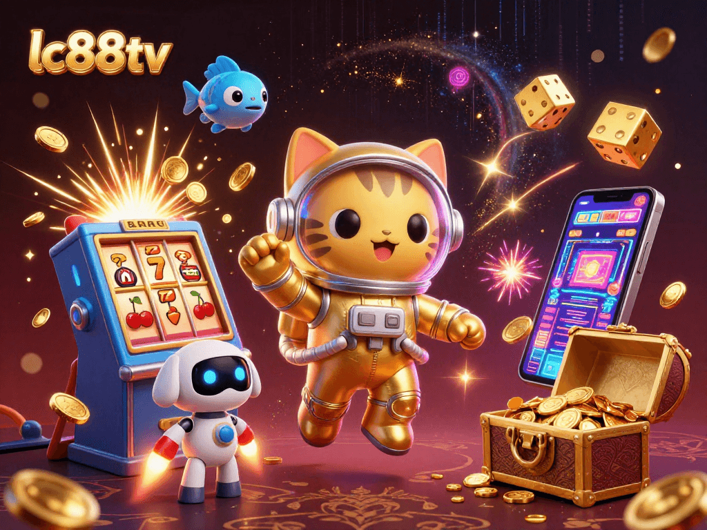 Spin and win at lc88tv with a golden jackpot explosion and vibrant casino characters.