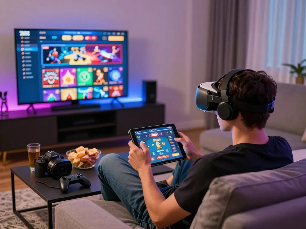 Engaging scene of a gamer using the link vào sunwin on a tablet in a vibrant home setup.