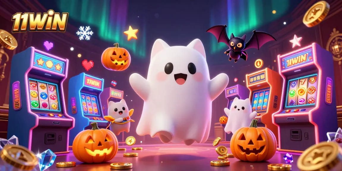 Experience gambling excitement with 11WIN in this vibrant 3D illustration featuring a friendly ghost cat and gaming elements.