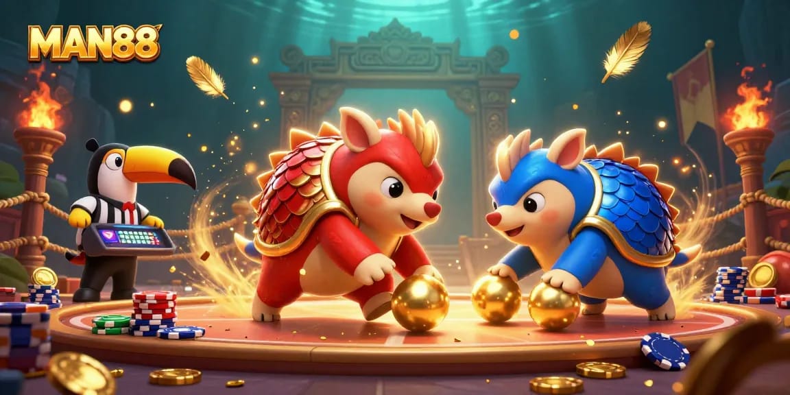 Experience thrilling gameplay at MAN88 while pangolins bowl through poker chips in a vibrant casino scene.