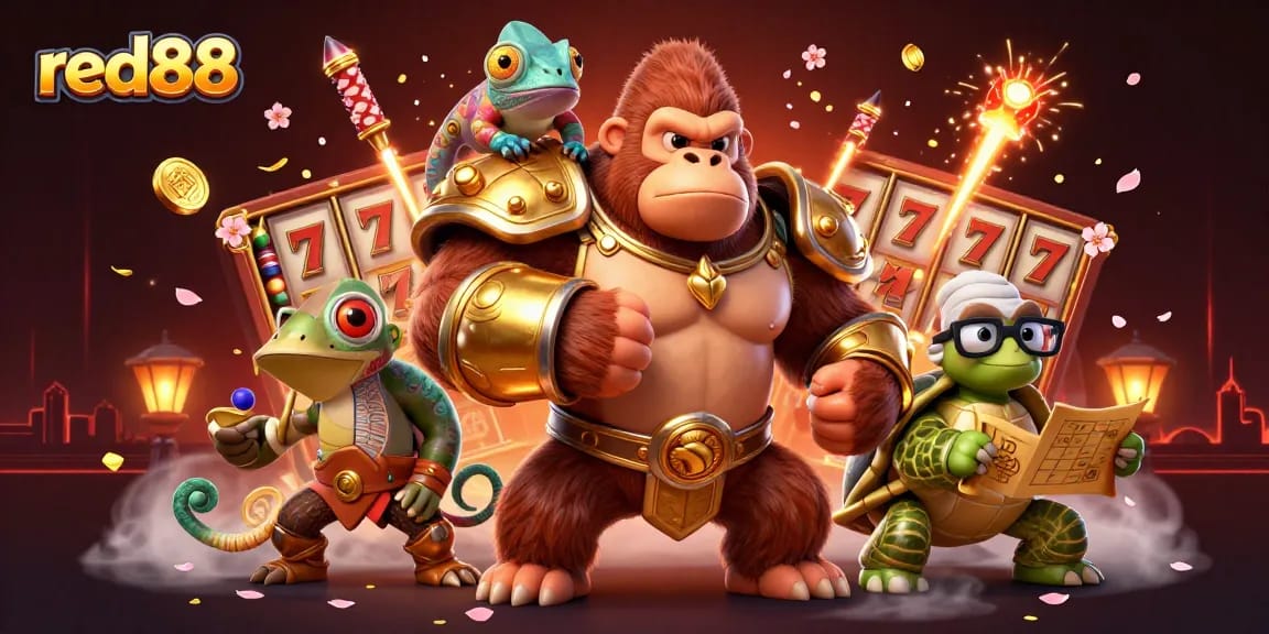 red88 showcases a powerful gorilla king and his companions amidst an exciting casino scene, promoting thrilling gameplay.