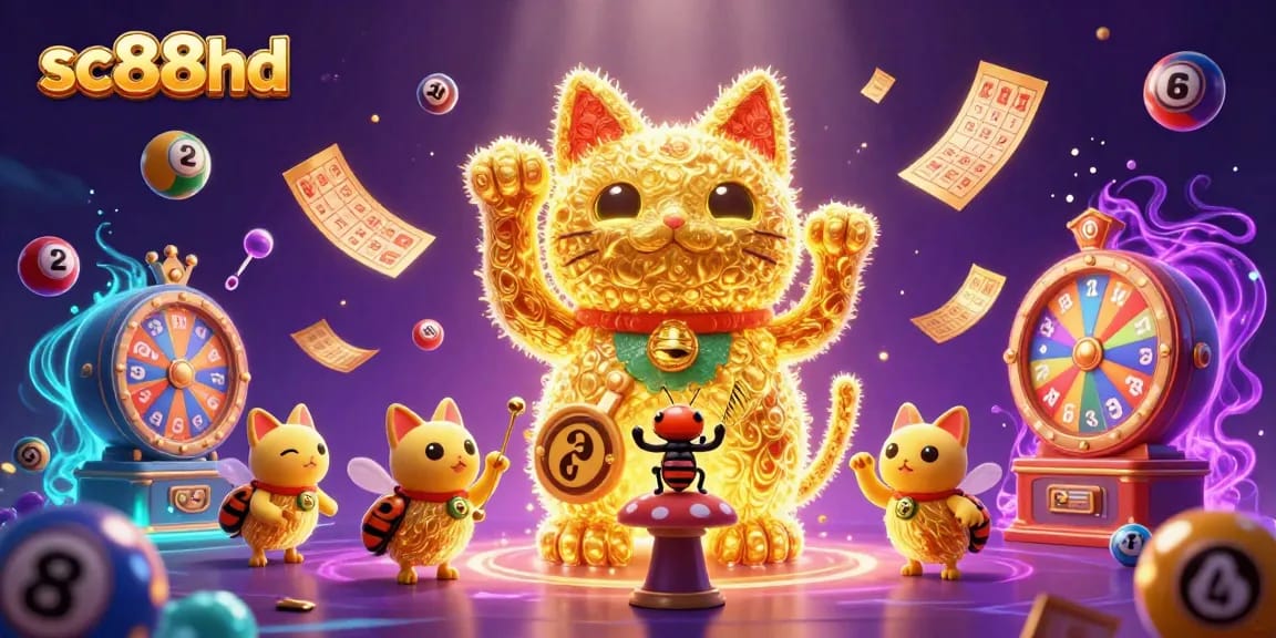 Engage with sc88hd's vibrant casino scene showcasing a lucky cat amidst lively lottery elements.