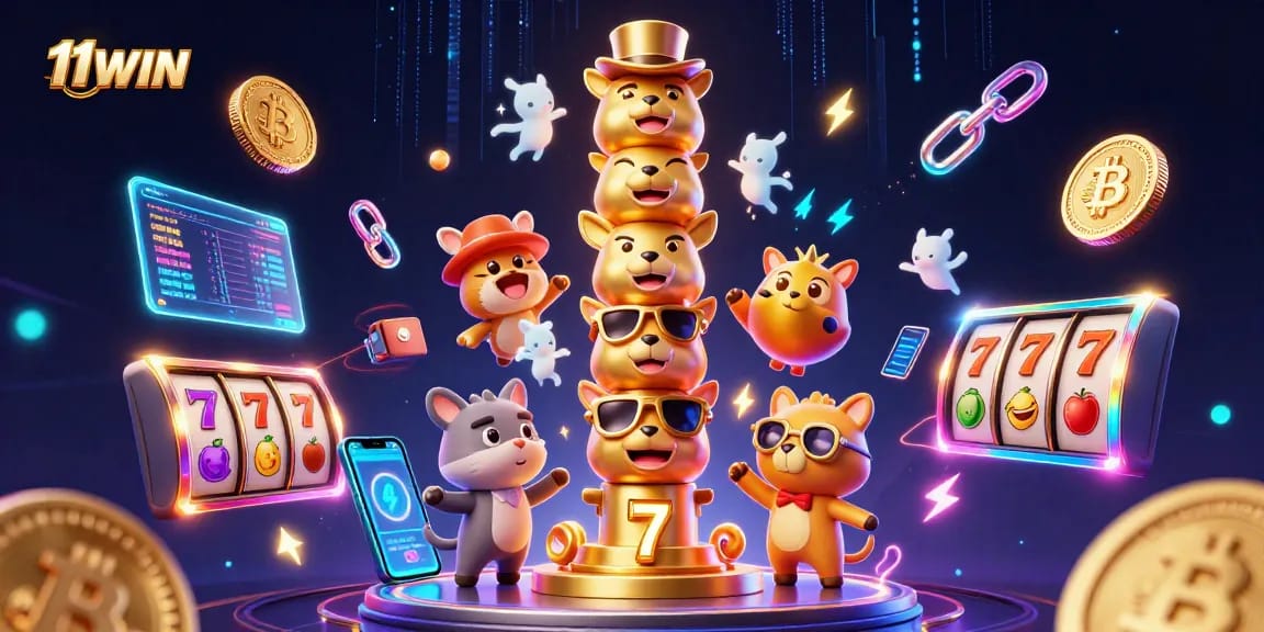 Engage with 11WIN's exciting atmosphere featuring a golden totem pole and vibrant slot game elements.