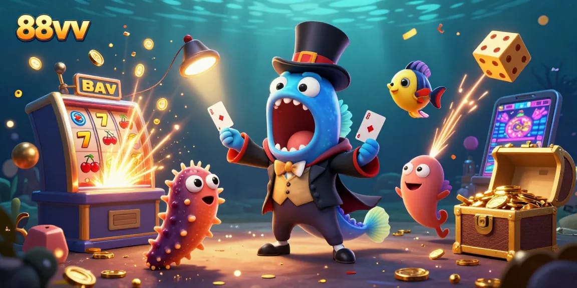 Experience winning excitement with 88vv in a vibrant, magical underwater casino scene.