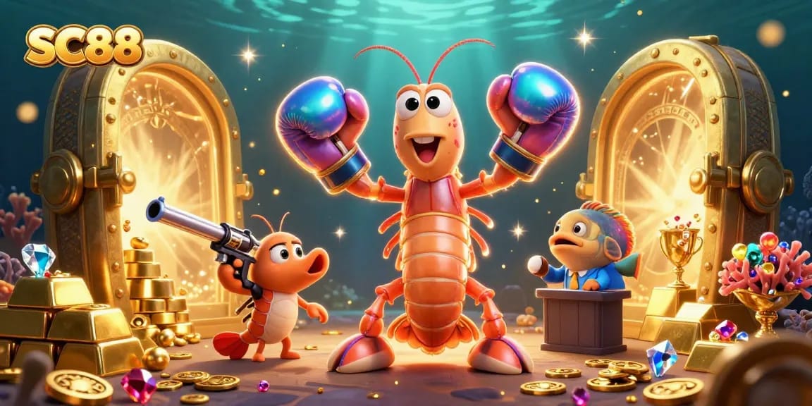 Engage in casino fun with SC88 as a powerful mantis shrimp bursts into victory alongside treasures.