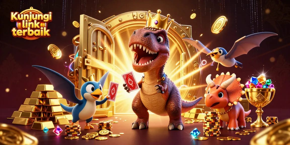 Kunjungi link terbaik to enjoy a vibrant 3D casino experience featuring dinosaurs in a dynamic gaming scene.