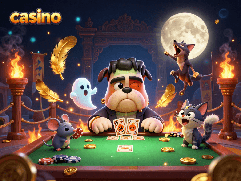 Engaging casino scene with a Frankenstein bulldog dealing cards among gold and magical elements.
