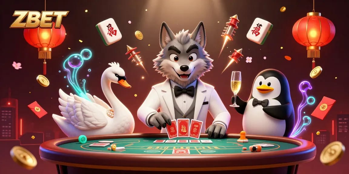 ZBET brings excitement as a debonair wolf plays baccarat with an elegant swan and a penguin sommelier.