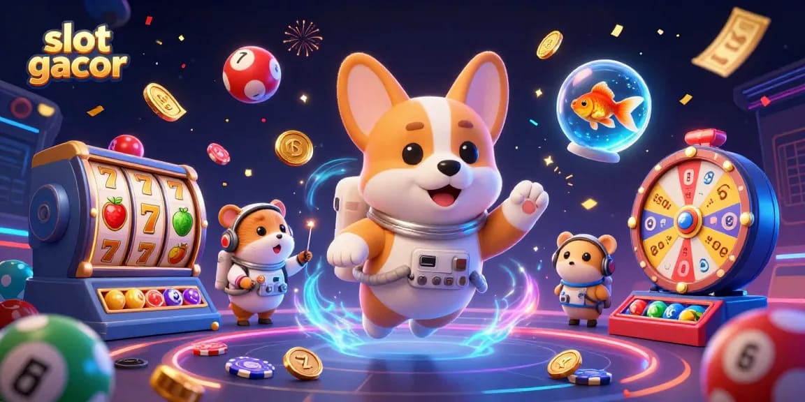 Engage with slot gacor in a dynamic casino scene filled with colorful elements and floating characters