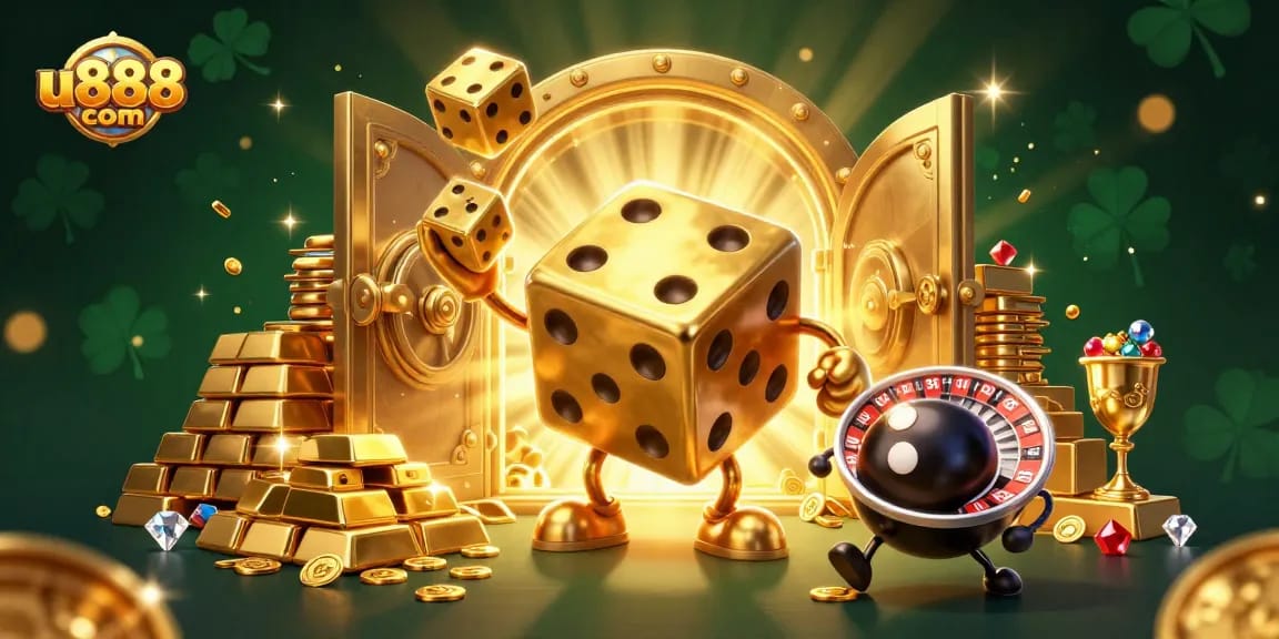 Experience the thrill of u888com with an exciting golden dice golem juggling dice in a vibrant casino setting.
