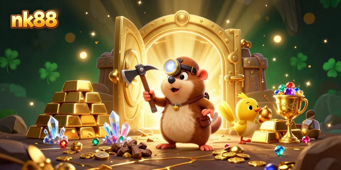 Experience thrilling gaming at nk88, featuring a treasure hunter mole discovering gems amidst exciting casino elements.