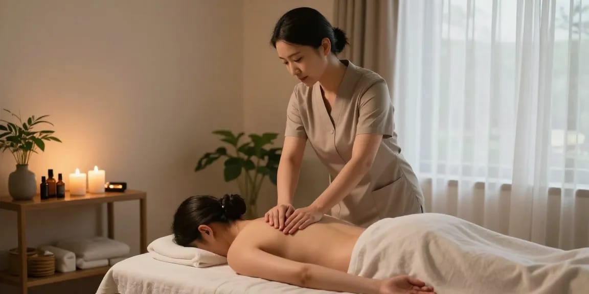 Relaxing atmosphere in a 1인샵 massage therapy room with calming decor and a therapist providing Swedish massage.