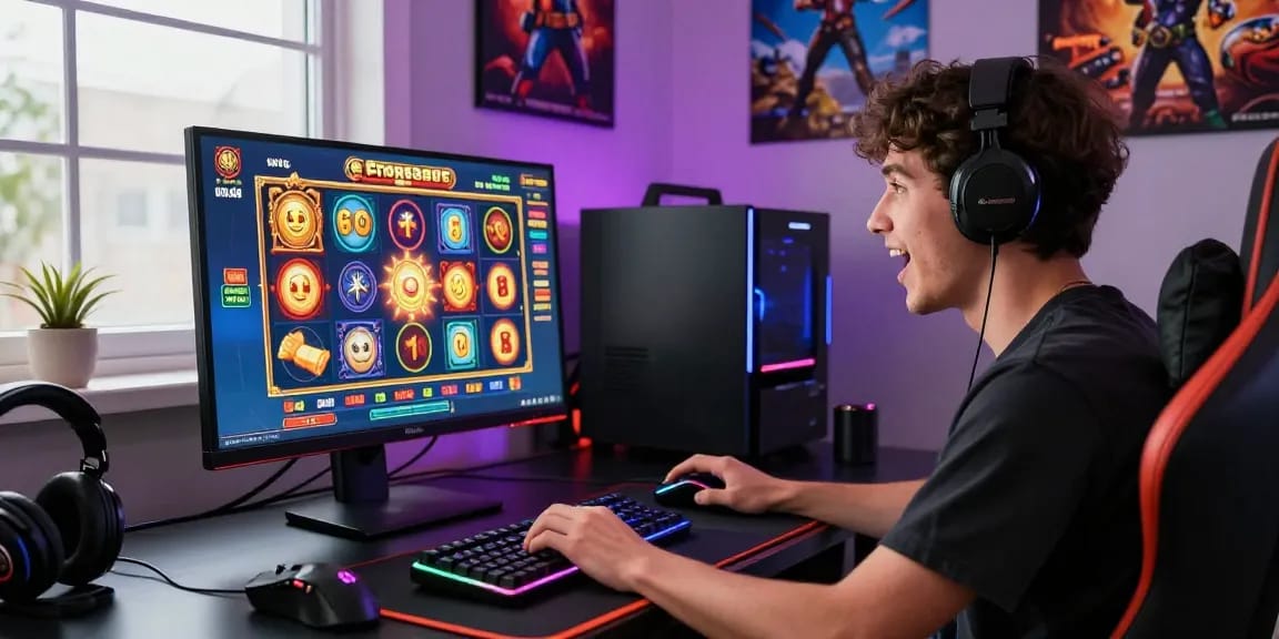 A player enjoys สล็อต168 เว็บตรง, surrounded by gaming gear, excited by the jackpot notifications on screen.