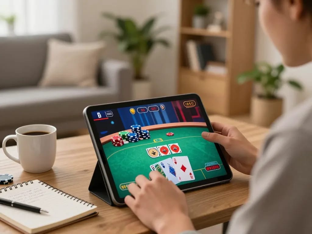 Player engaging in online poker on tablet at home, highlighting p789bet's interactive gaming.