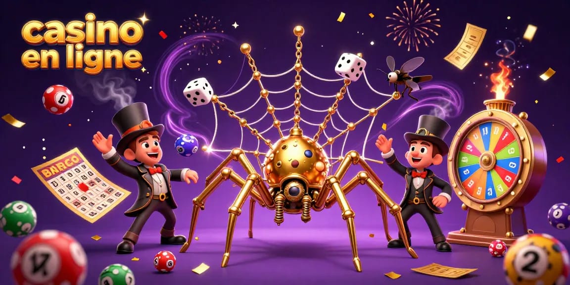 Jouez au casino en ligne avec une illustration dynamique de personnages captivants et d'éléments ludiques.