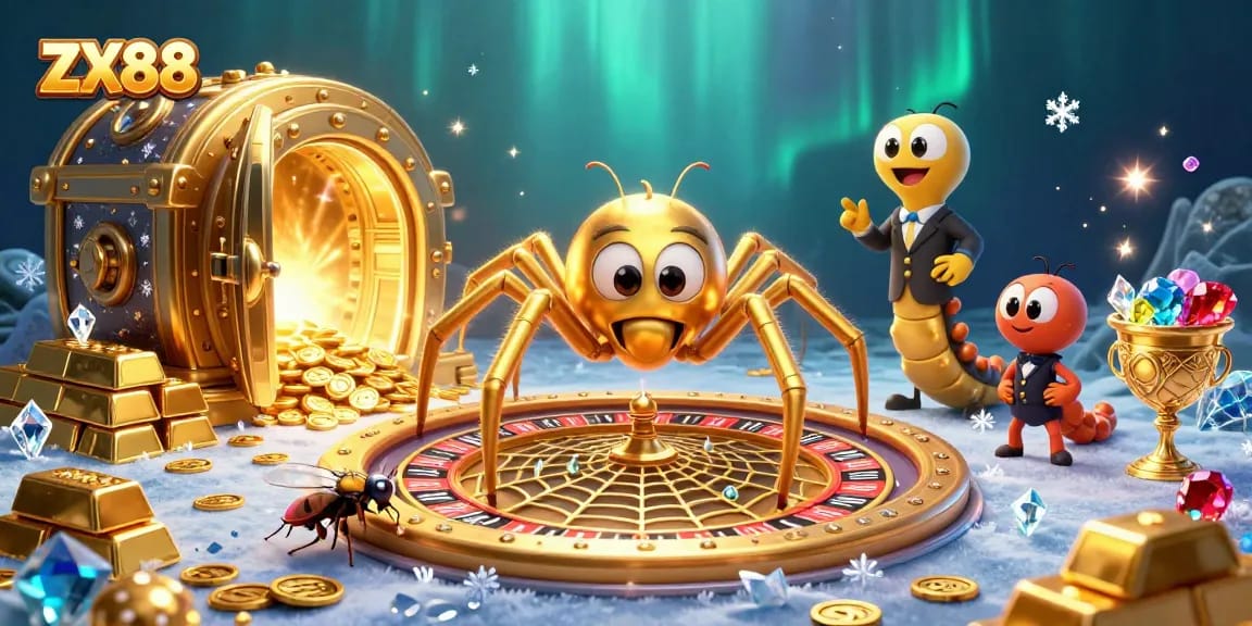 Experience the thrill of ZX88 as a golden spider spins a roulette wheel web, showcasing the excitement of casino gaming.